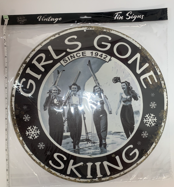 NEW LARGE Circular Girls Gone Skiing Sign 16" Sturdy Metal Sign!