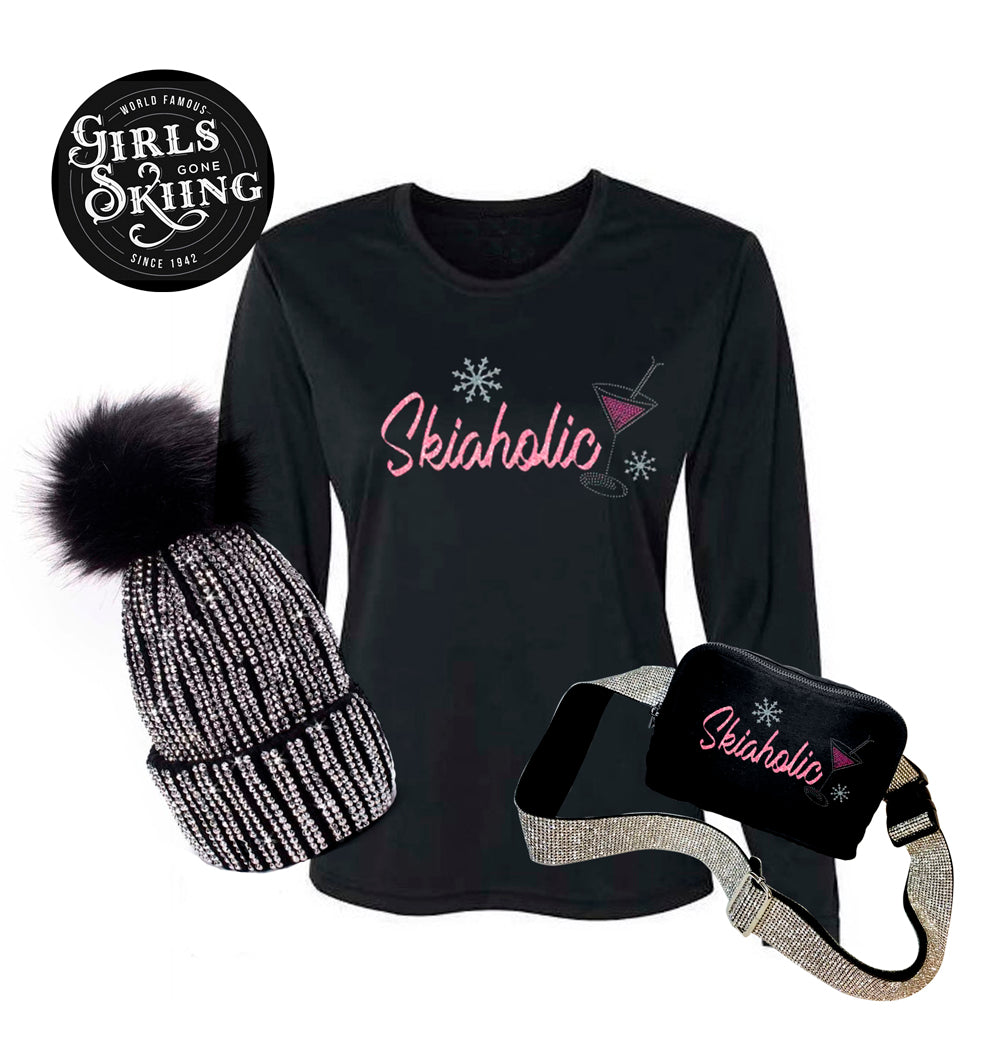 Ski A Holic Ski Tee/Rhinestone Ski Hat/Matching Ski-a-holic Cross Body Bag Bonus BUY