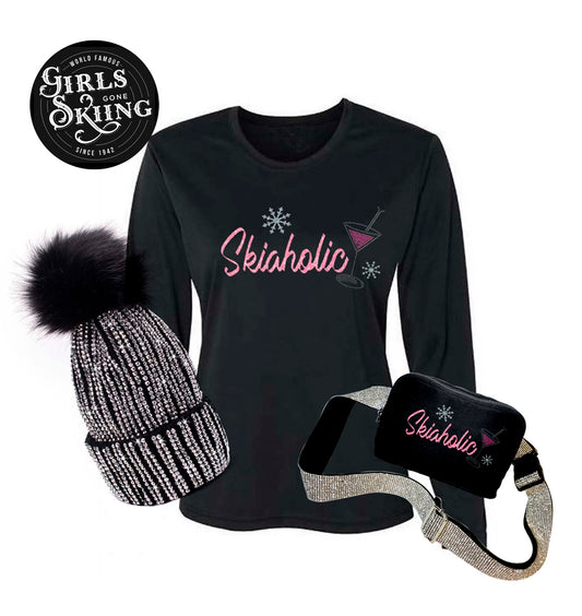 Ski A Holic Ski Tee/Rhinestone Ski Hat/Matching Ski-a-holic Cross Body Bag Bonus BUY