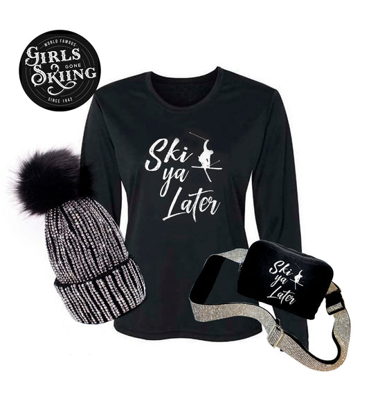 Ski Ya Later Ladies ski tee with matching Cross Body Bag and Rhinestone ski beanie