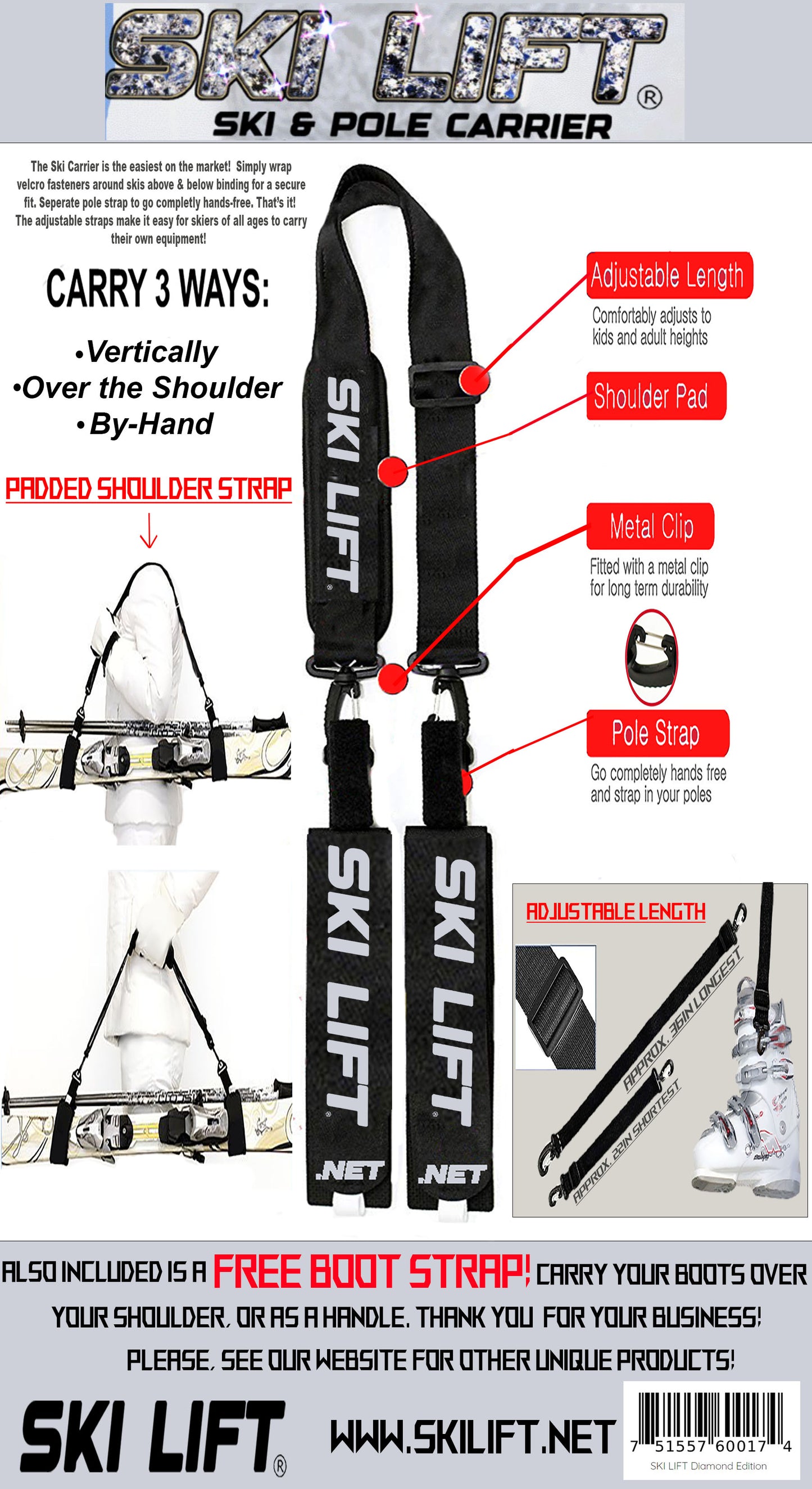 SKI LIFT "Diamond Edition" Ski & Pole Carrier with Matching Boot Strap