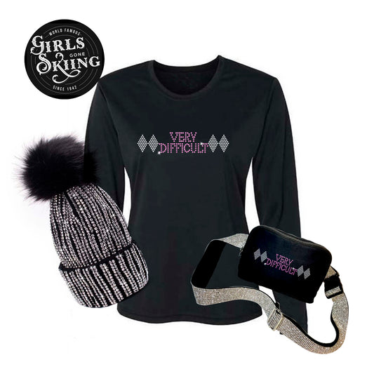 NEW Very Difficult Ladies Ski Tee, rhinestone ski beanie and matching Very Difficult Cross Body Bag BONUS BUY!