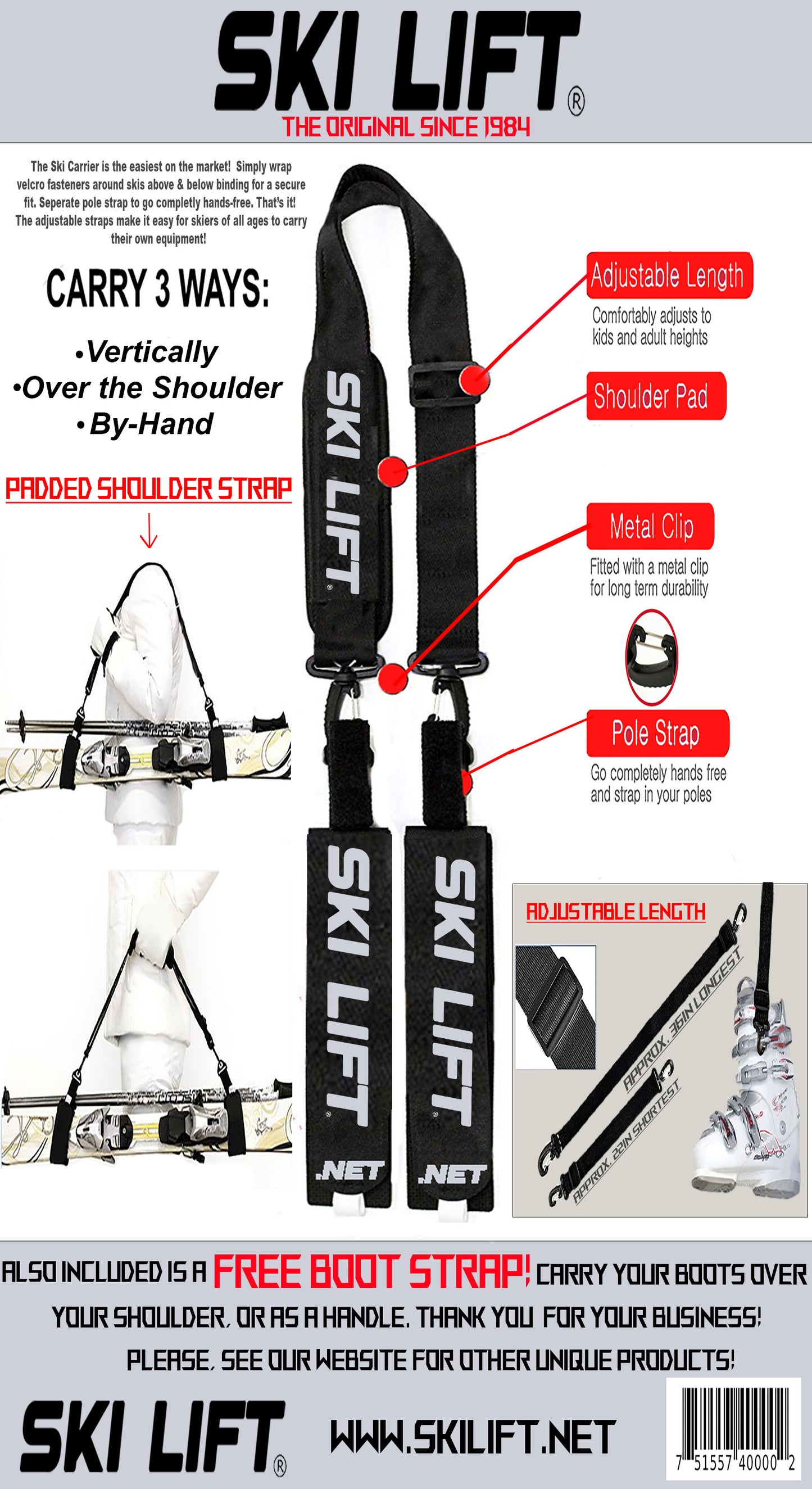 ORIGINAL SKI LIFT Ski & Pole Carrier With FREE Boot Strap